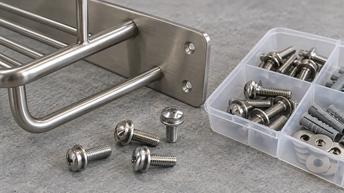 Purchased screws with captive washers arranged beside a bathroom rack mounting plate, showing the washer stack and the physical hardware kit