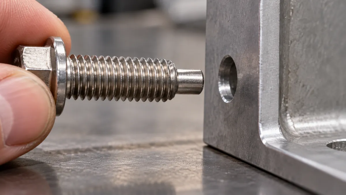 Pilot-tip assembly screws resting beside metal storage rack connector plates