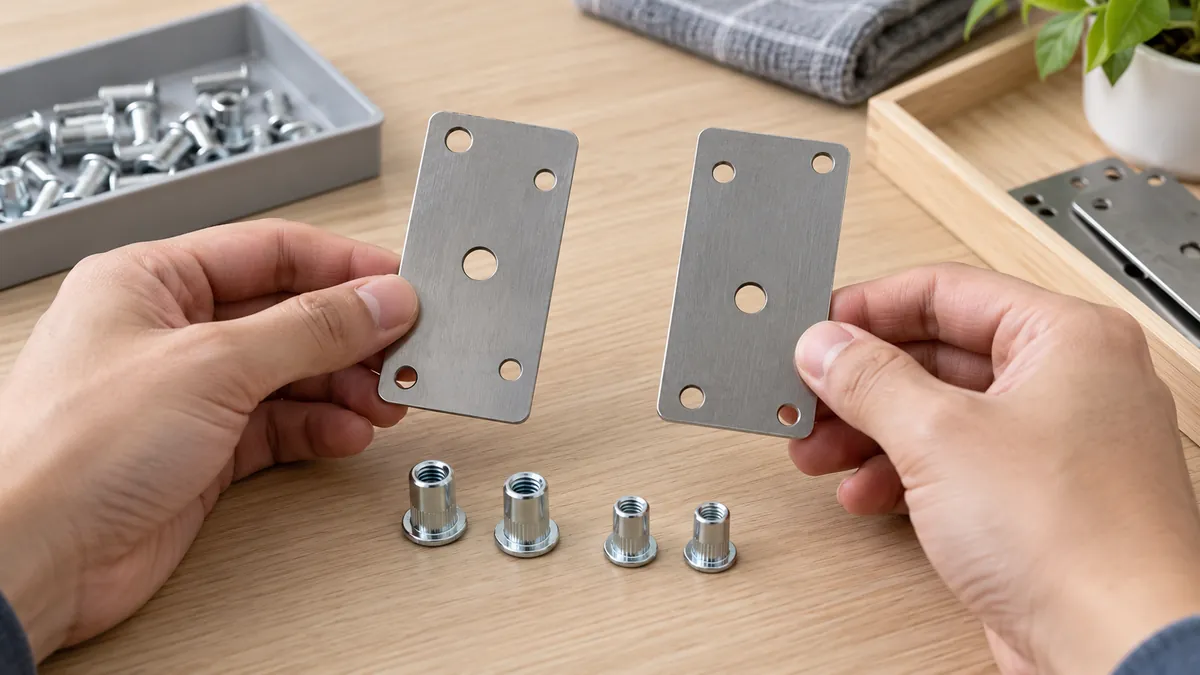 Buyer comparing two separate metal mounting plates with different hole-to-edge spacing beside loose clinch nuts