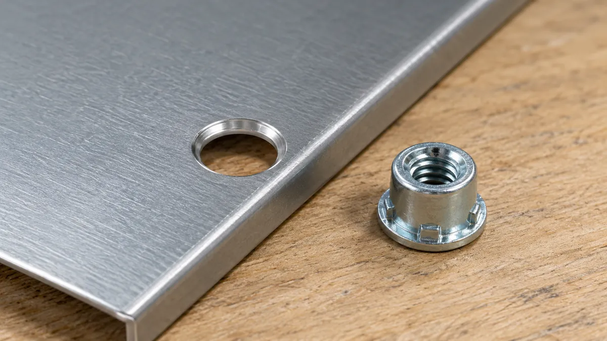 A mounting panel hole near its sheet edge with a separate clinch nut resting beside it