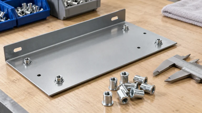 Thin sheet shelf mounting panel with separate clinch nuts and a caliper on an inspection bench