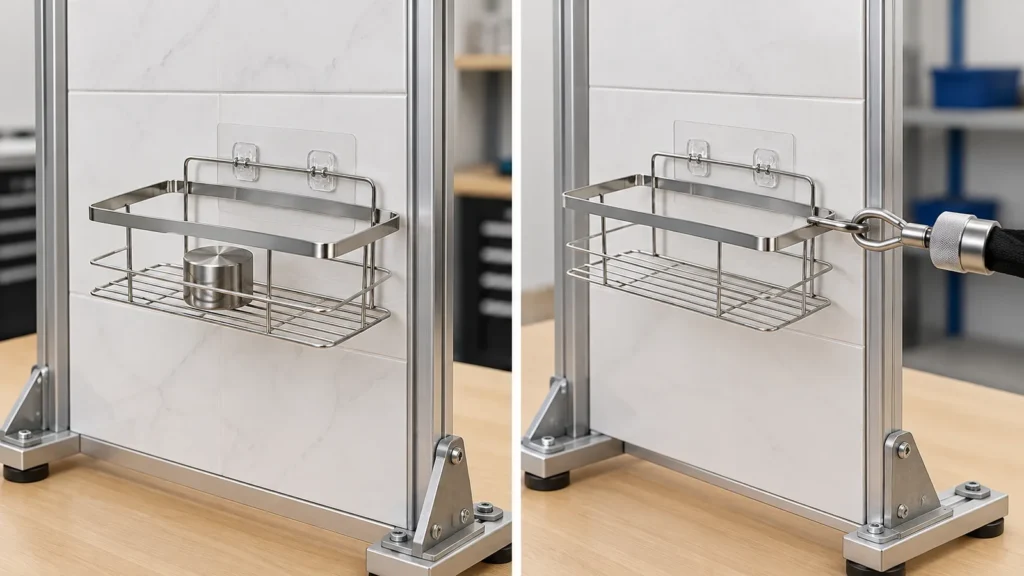 A no-drill bathroom basket on a tiled test panel with a restrained hanging test weight, a second identical unused adhesive mount on the table