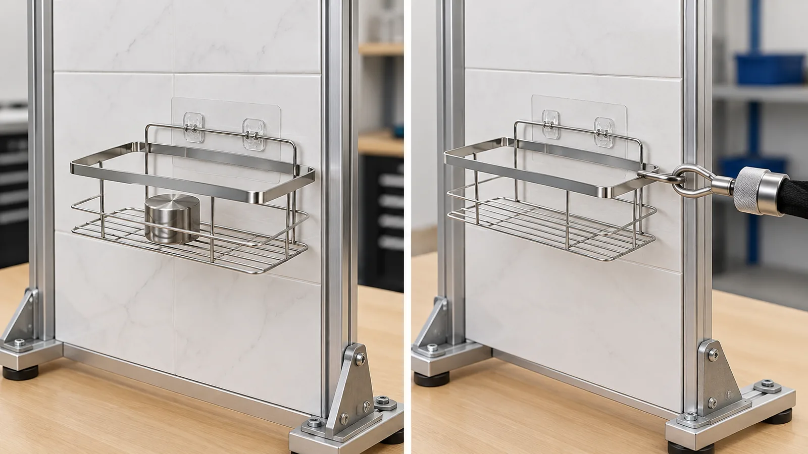 A no-drill bathroom basket on a tiled test panel with a restrained hanging test weight, a second identical unused adhesive mount on the table