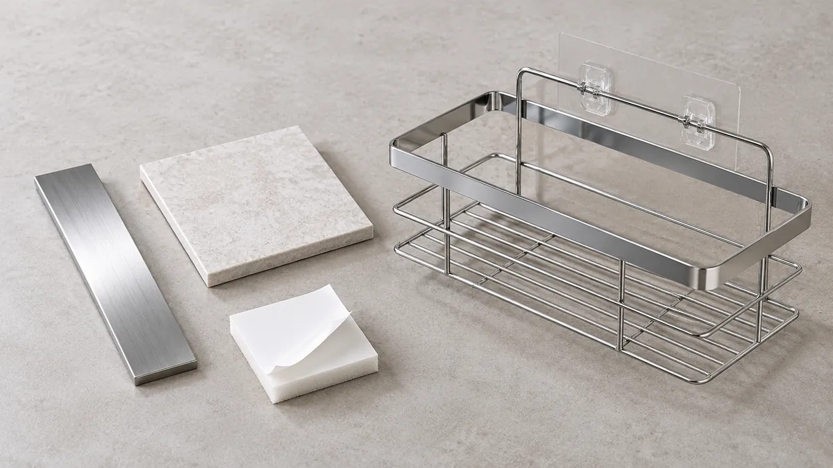 Buyer reviewing a metal organizer, tile sample, and separate foam tape coupon on a plain table
