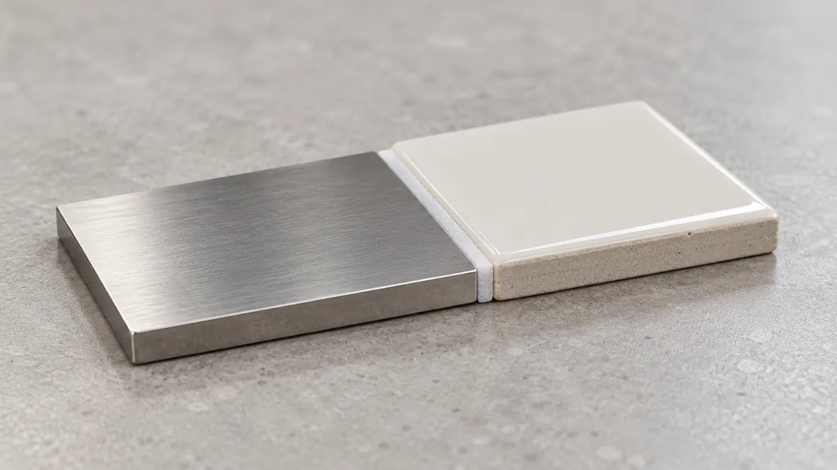 A separate metal-to-tile coupon with a thin foam adhesive edge visible at the overlap