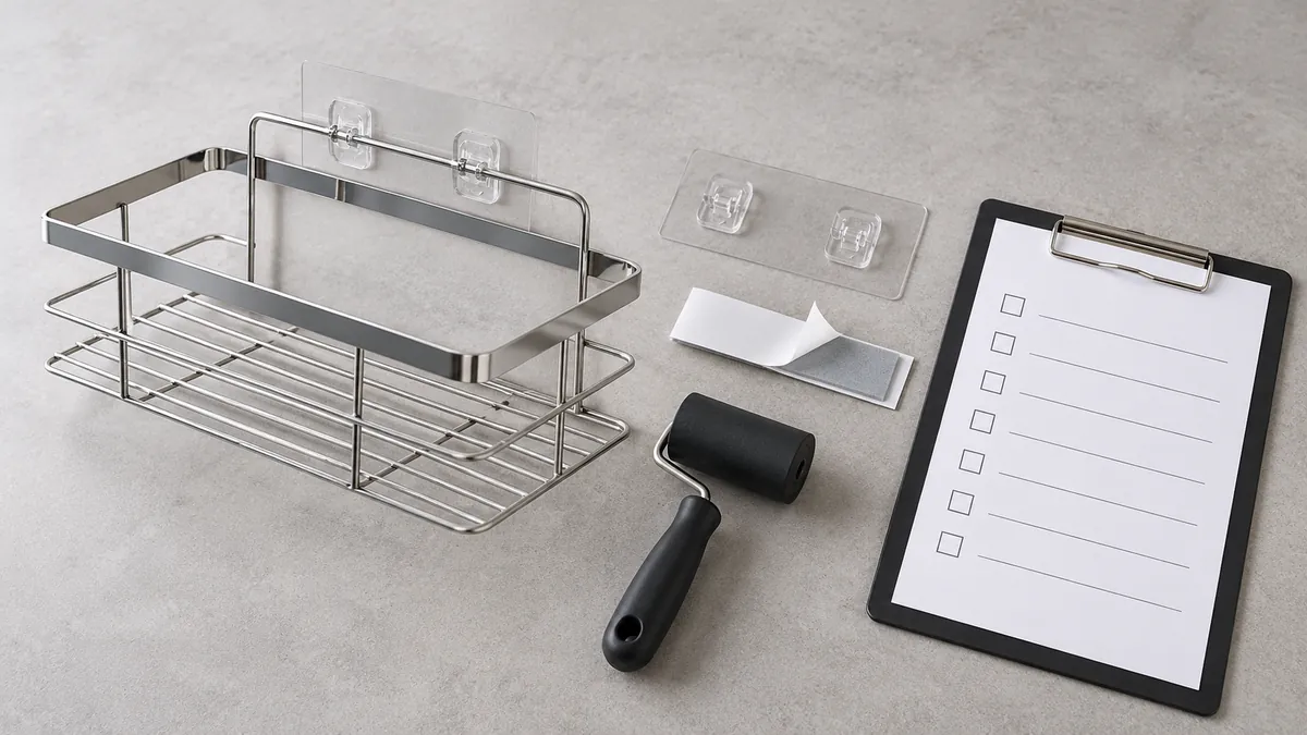 A complete two-support chrome organizer, separate mounting coupon, tape strip, and roller arranged for a buyer review