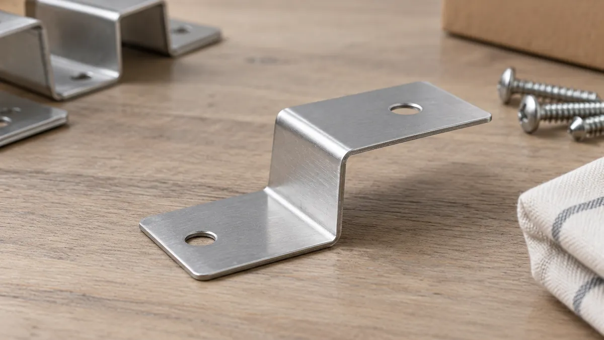 Macro of stepped offset in one thin sheet bracket resting on table; no bending animation or impossible dies