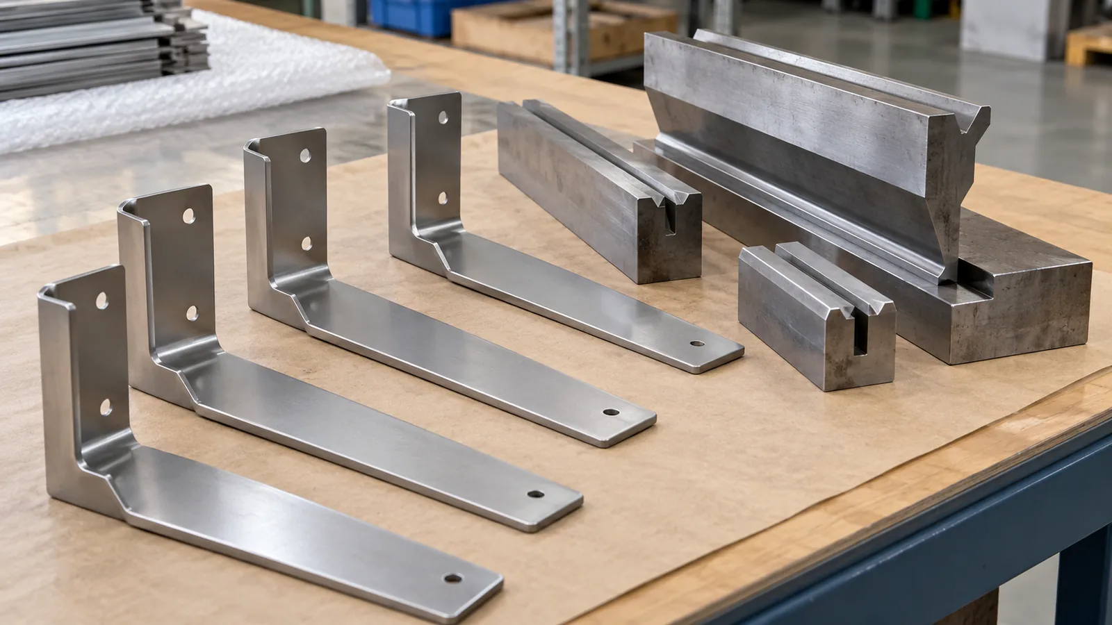 Sheet-metal bathroom shelf brackets with a shallow joggled offset beside separate press-brake tooling samples, machine inactive