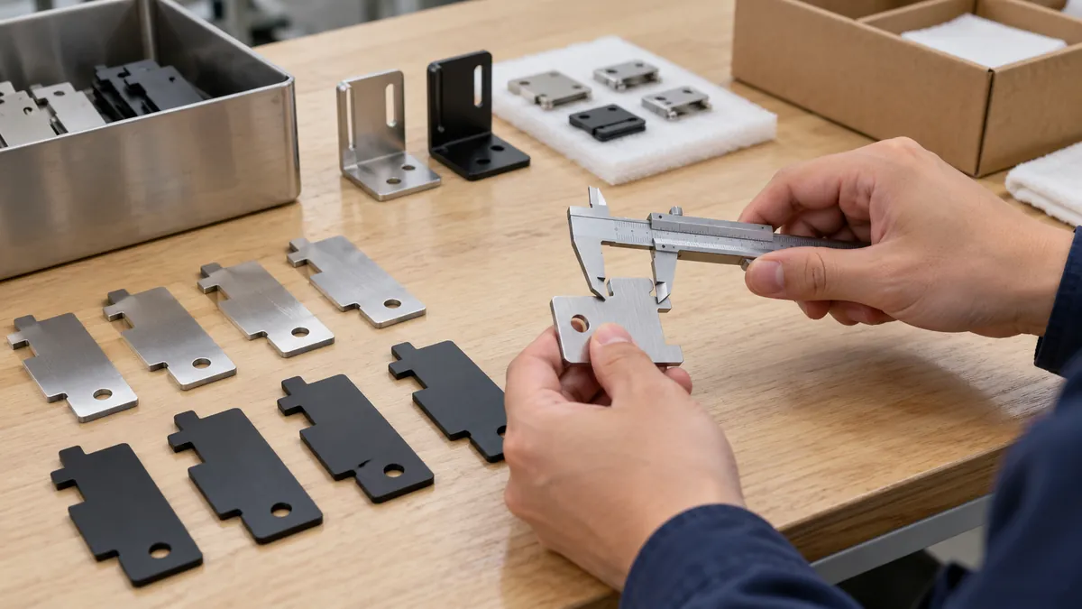 Buyer reviews bare and coated tab-and-slot metal samples with a plain caliper on inspection bench