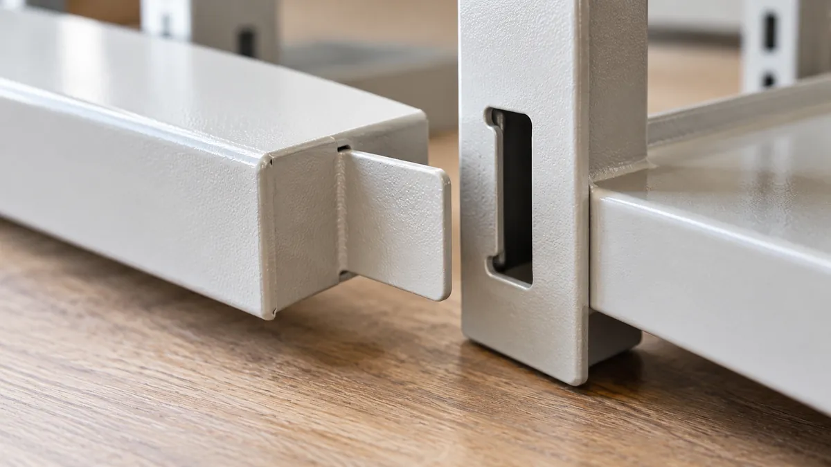 Macro of a coated rectangular tab and a matching slot in separate metal shelf components resting close together