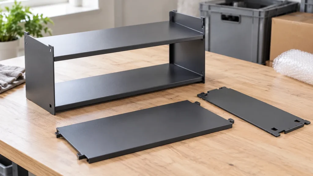 Powder-coated shelf panels with simple tab-and-slot joints, one assembled example and two loose parts on table