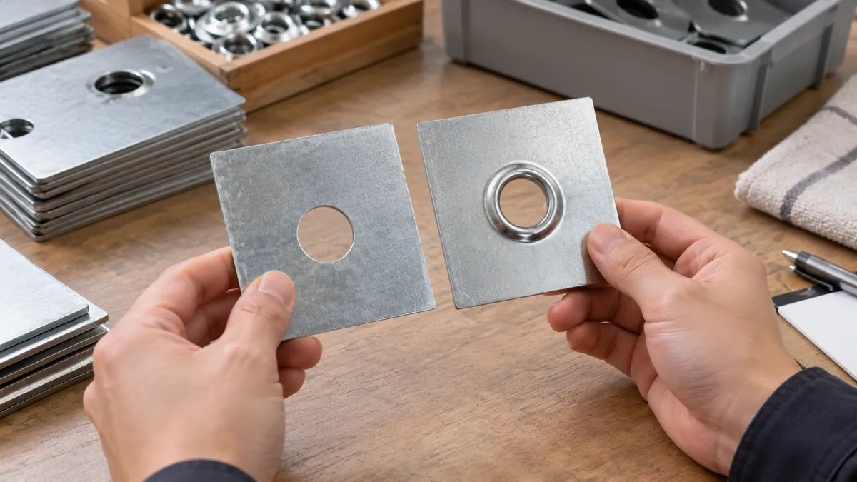 Buyer compares flat punched hole and raised collar hole in separate sheet metal plate samples