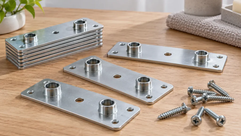 Thin metal shelf mounting plates with extruded hole collars beside ordinary screws