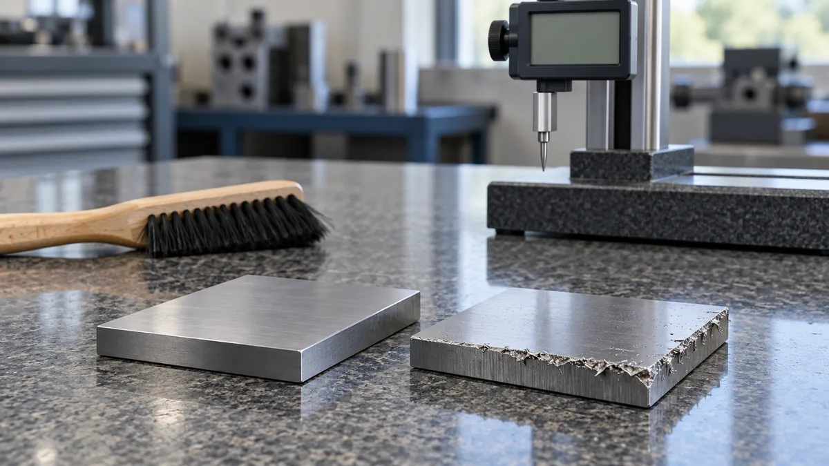 Buyer reviews clean and burred metal base coupons with brush and inactive height gauge