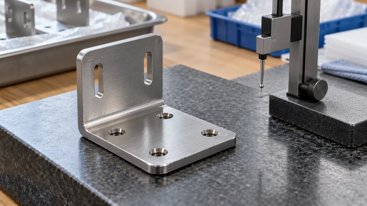 Macro of metal bracket base on surface plate with small visible edge burr, height gauge probe safely parked beside it