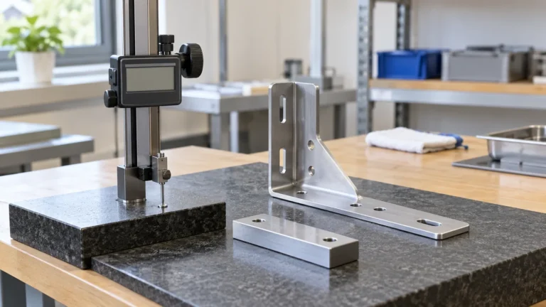 Height gauge with blank display on surface plate beside a metal shelf mounting bracket and separate datum-base coupon