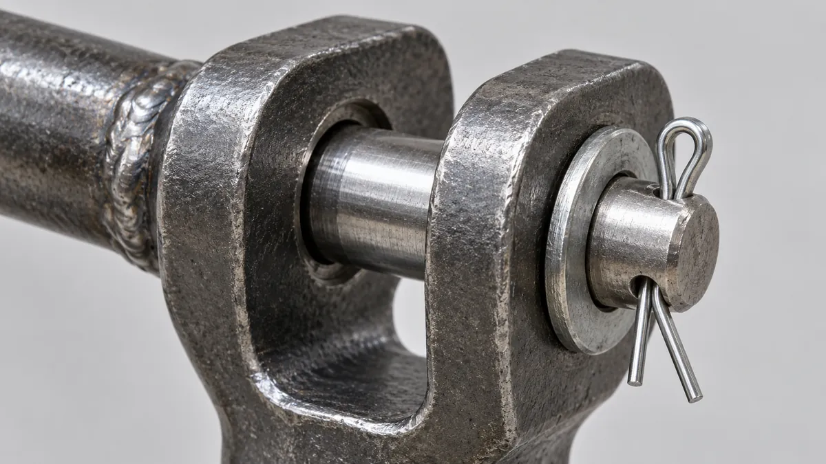 Metal folding basket pivot with clevis pin and removable retainer shown at the joint
