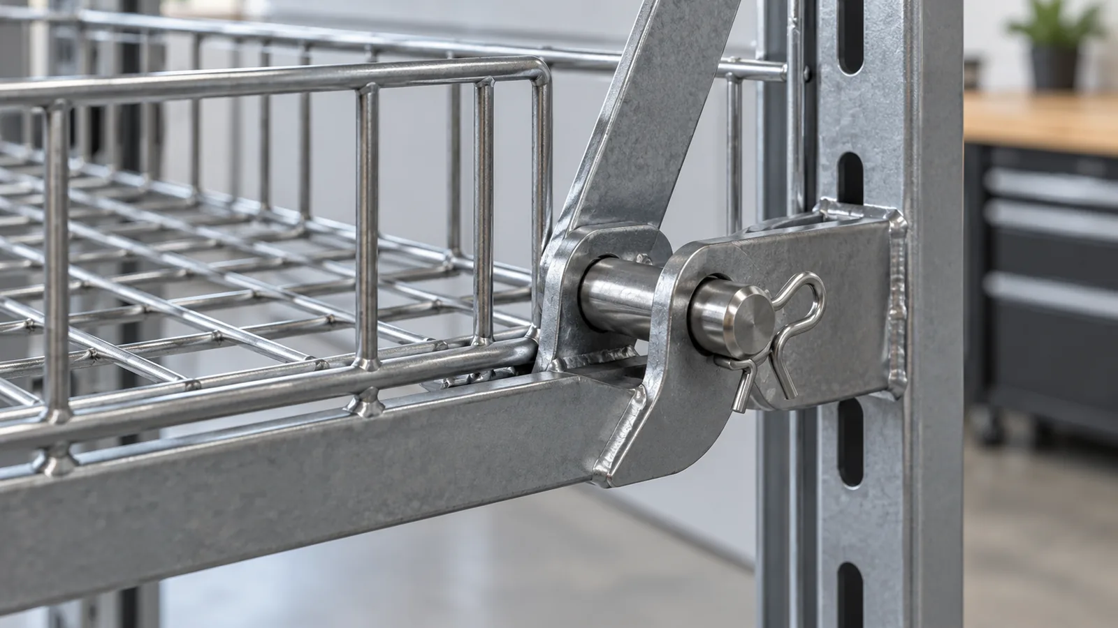 Metal folding storage basket pivot with clevis pin and removable retention hardware