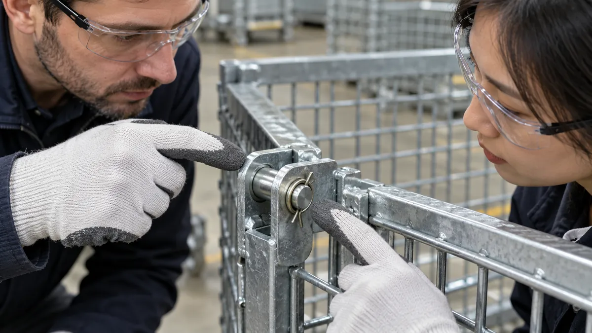 Buyer and supplier inspecting a groove-mounted retaining clip on an assembled folding shelf pivot