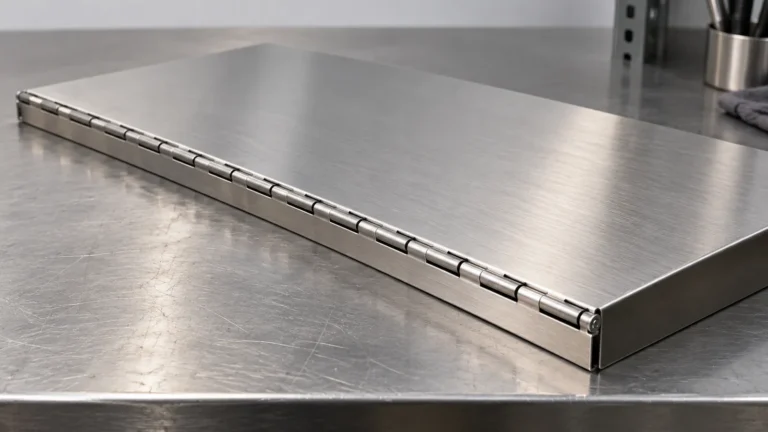 Cut-to-length continuous hinge fitted to a folding metal storage shelf panel, showing a clean retained end knuckle