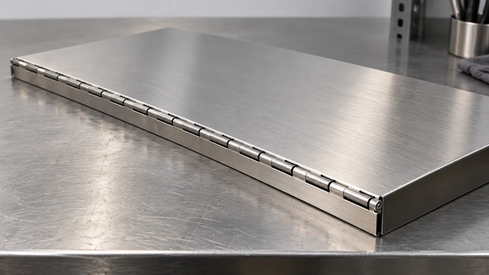 Cut-to-length continuous hinge fitted to a folding metal storage shelf panel, showing a clean retained end knuckle