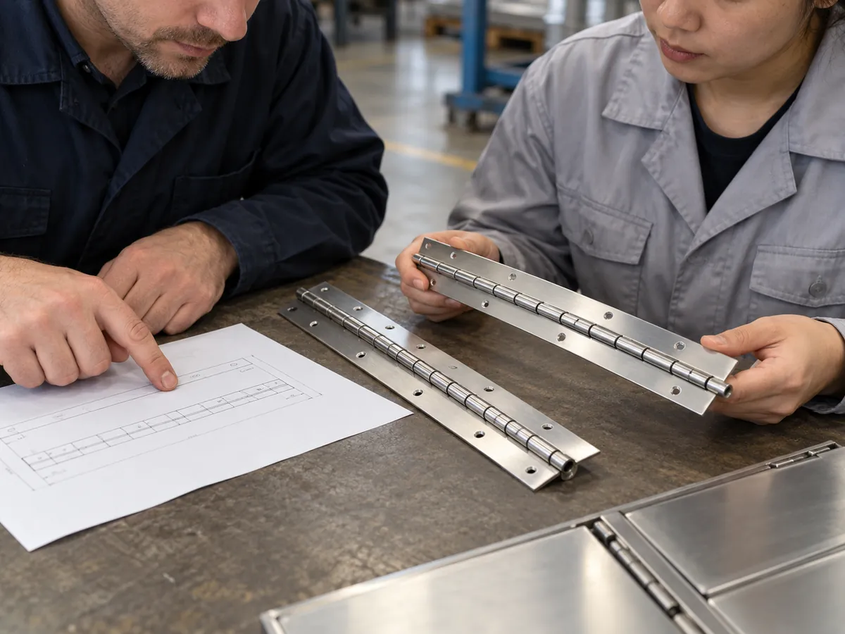 Buyer and supplier compare two cut-to-length continuous hinge samples against an end-detail drawing