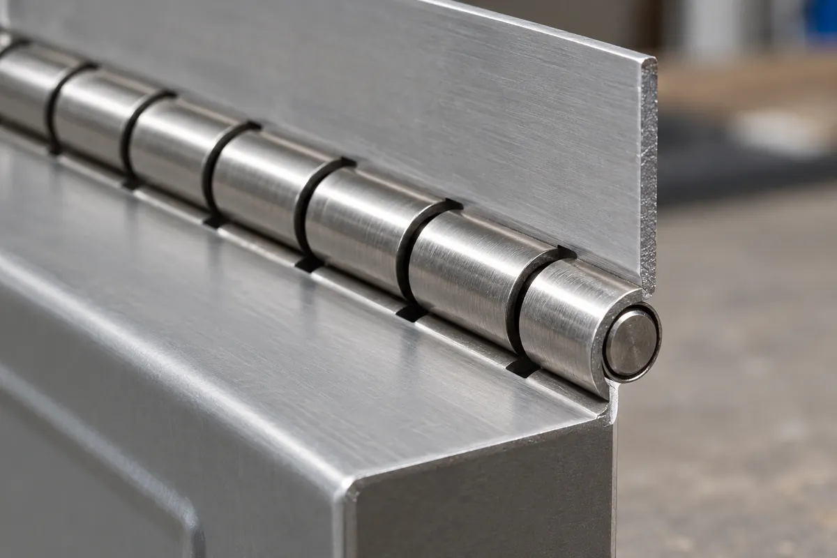 Cut end of a continuous hinge aligned to a folding metal storage panel with the terminal knuckle visible