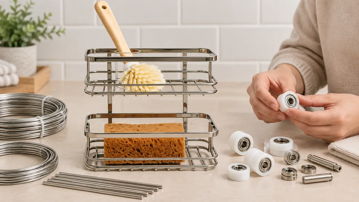 Buyer reviews wire lengths and separated feed roller components beside home storage basket