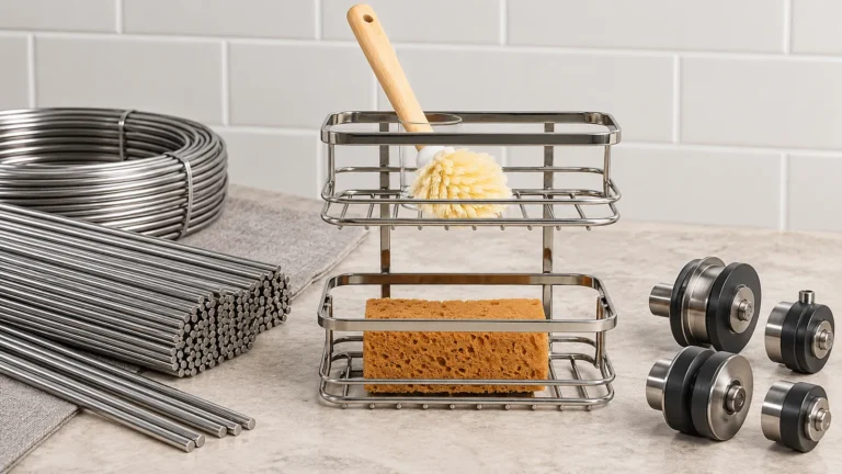 Straight steel wire lengths and compact separate feed rollers beside a finished home wire basket reference