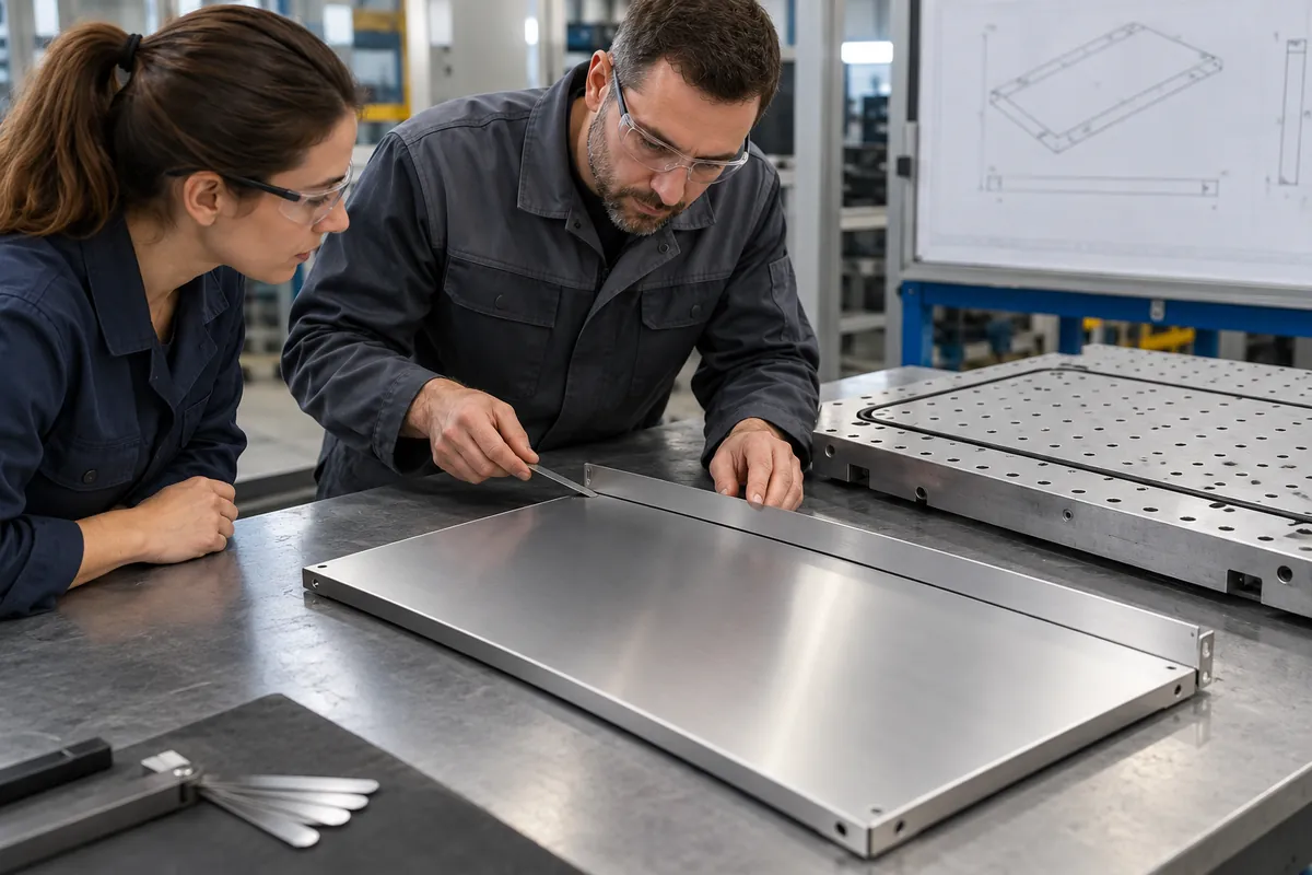 Buyer and supplier reviewing a thin shelf panel on a vacuum fixture and checking free-state flatness after release