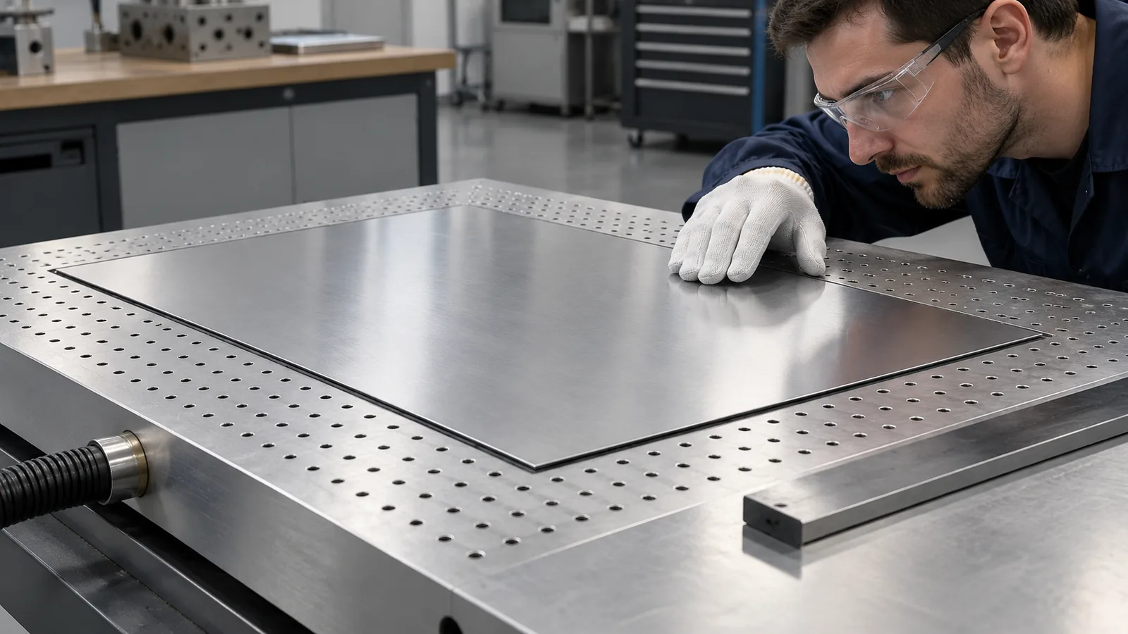 Thin metal shelf panel resting on a zoned vacuum fixture with distributed support and flatness inspection points