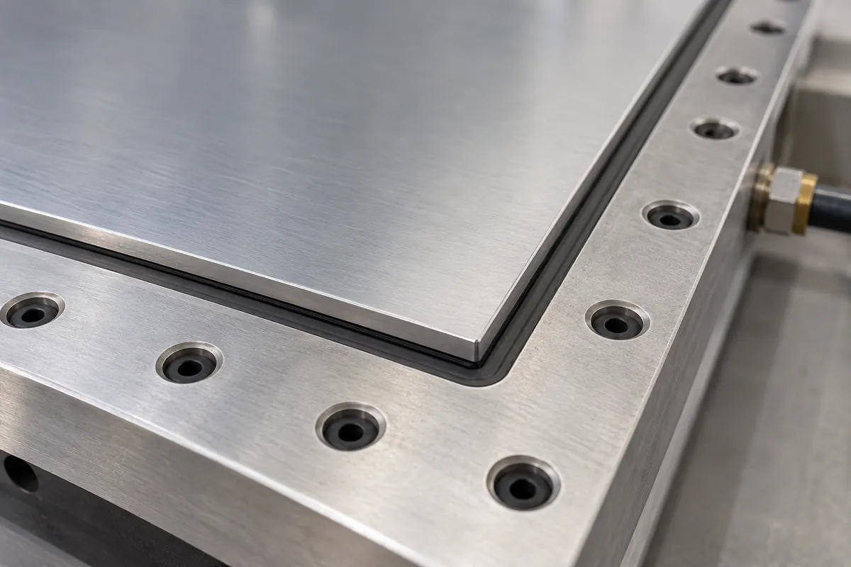 Thin sheet metal shelf panel supported across a vacuum fixture during a manufacturing setup review