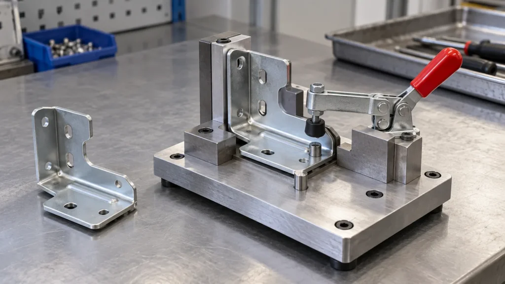 An asymmetric bathroom-rack mounting bracket seated in a dedicated locating fixture with a shaped stop that prevents reversed loading