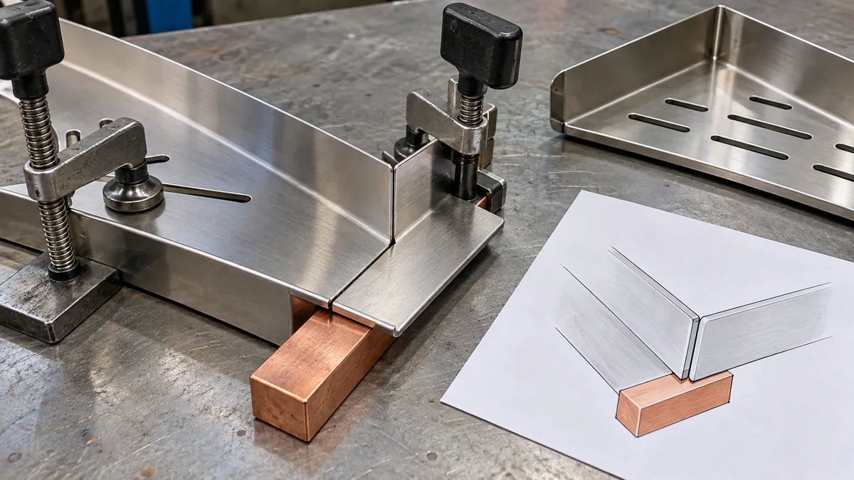 A thin formed bathroom shelf corner seam resting on a removable copper backing bar before welding, close view of supported sheet edges with no welding arc