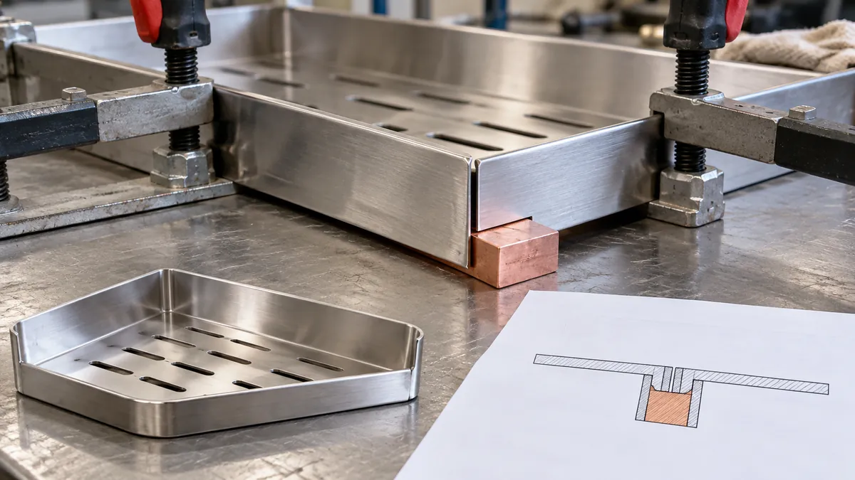 A thin formed bathroom shelf corner seam resting on a removable copper backing bar before welding, close view of supported sheet edges with no welding arc