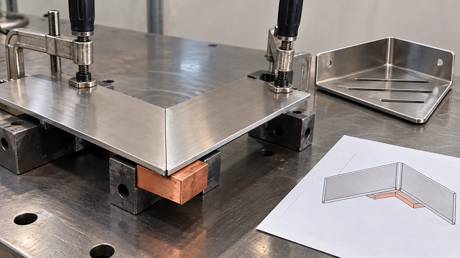 A thin formed bathroom shelf corner seam resting on a removable copper backing bar before welding, close view of supported sheet edges with no welding arc