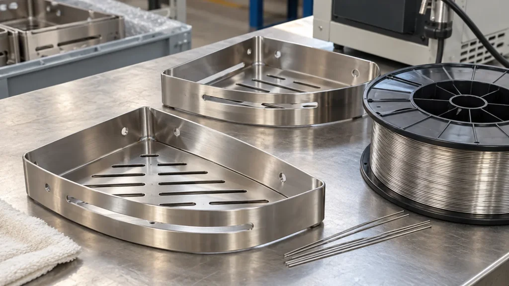 Thin stainless shelf corner samples beside a spool of laser welding filler wire