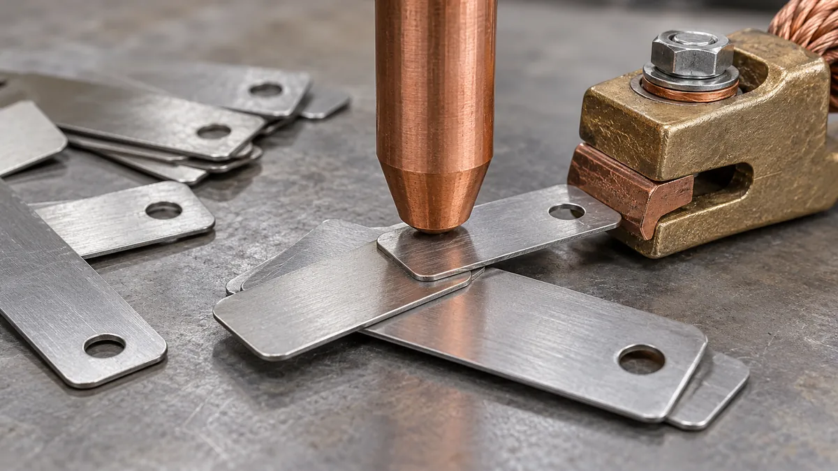 Macro of separate overlapping thin metal tabs on bench beside a copper electrode and return-contact clamp, no active weld or sparks