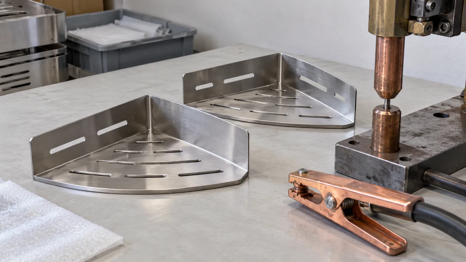 Thin sheet bathroom shelf corner samples beside inactive spot-welding electrode and a separate return-contact clamp