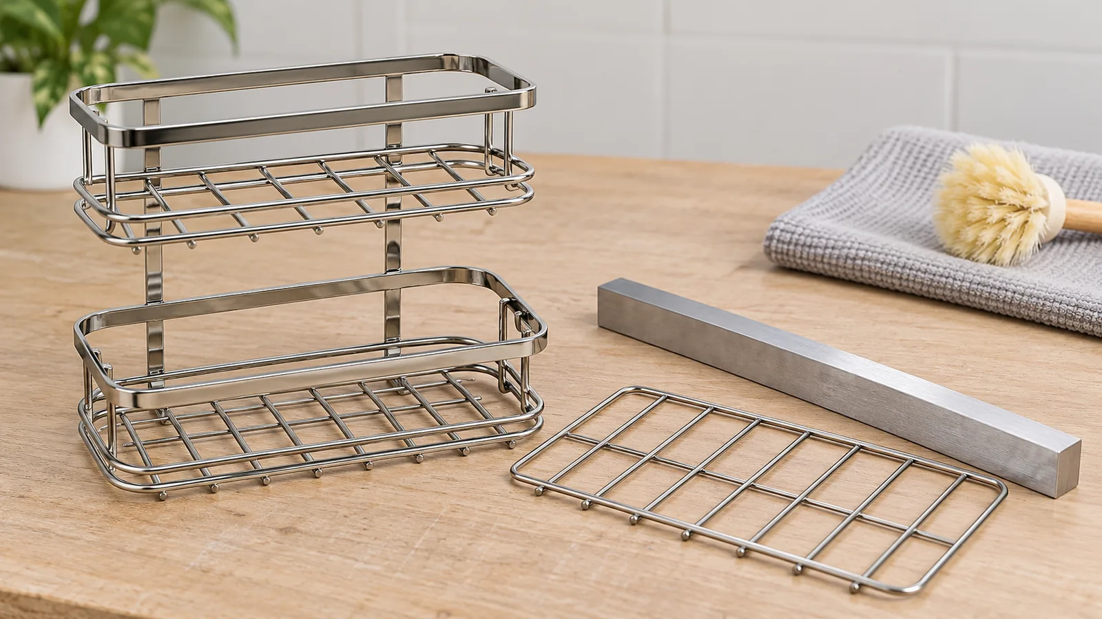 Flat welded-wire grid panel for home storage basket bottom beside an unmarked inspection straightedge