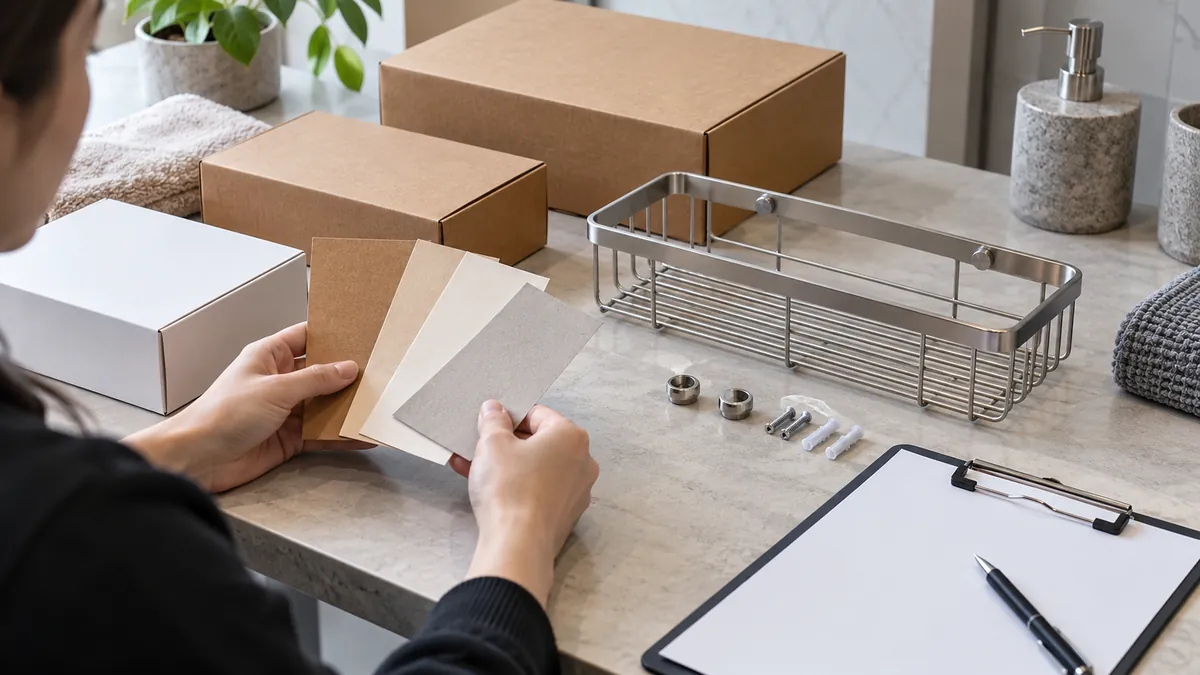 Buyer reviews carton colour proofs alongside a metal bathroom basket sample, blank checklist