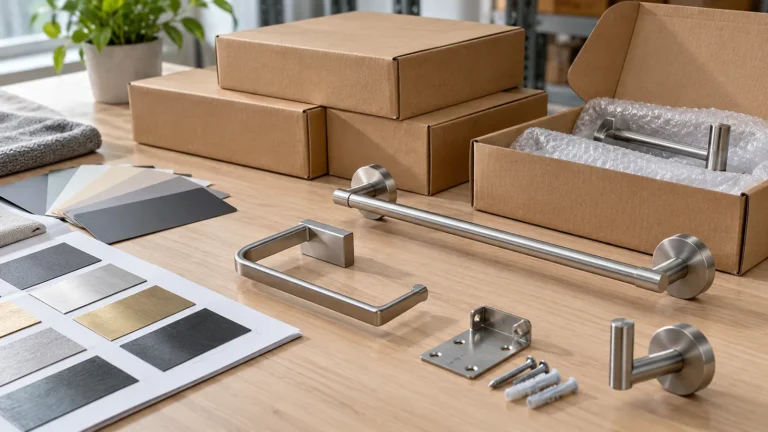Unbranded cardboard cartons for metal bathroom hardware beside separate solid-colour and process-colour print swatches, metal bracket visible