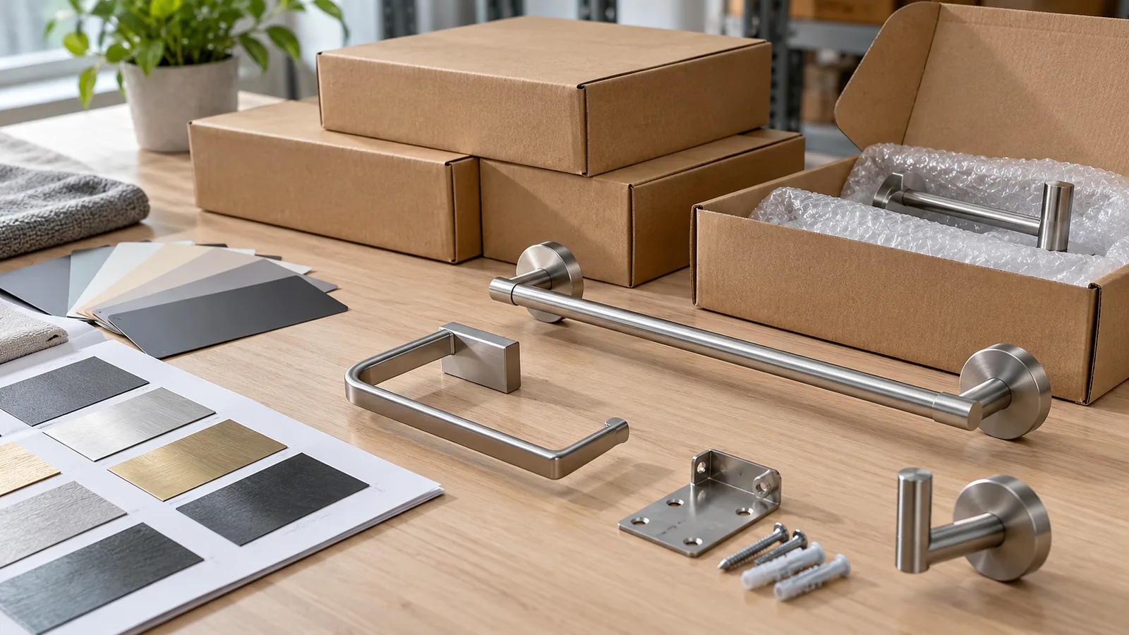 Unbranded cardboard cartons for metal bathroom hardware beside separate solid-colour and process-colour print swatches, metal bracket visible