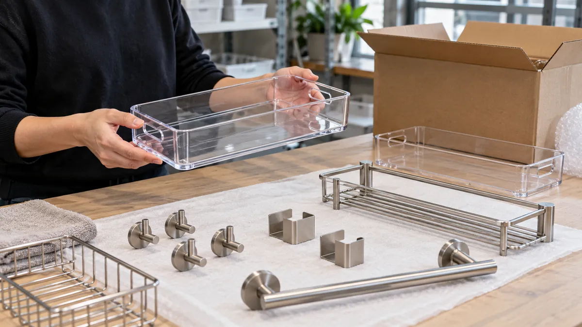 Buyer reviews clear formed tray, metal hardware samples and plain carton on packaging bench