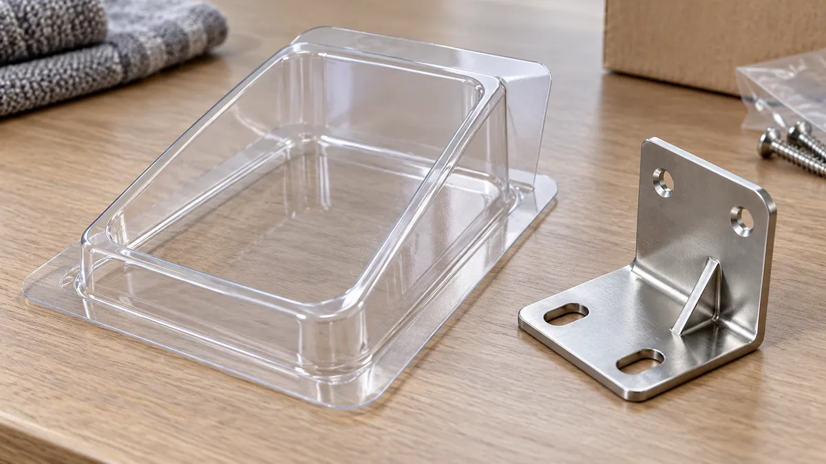 Macro of a clear formed packaging pocket with sloping walls and rounded corners, a metal bracket resting separately beside it