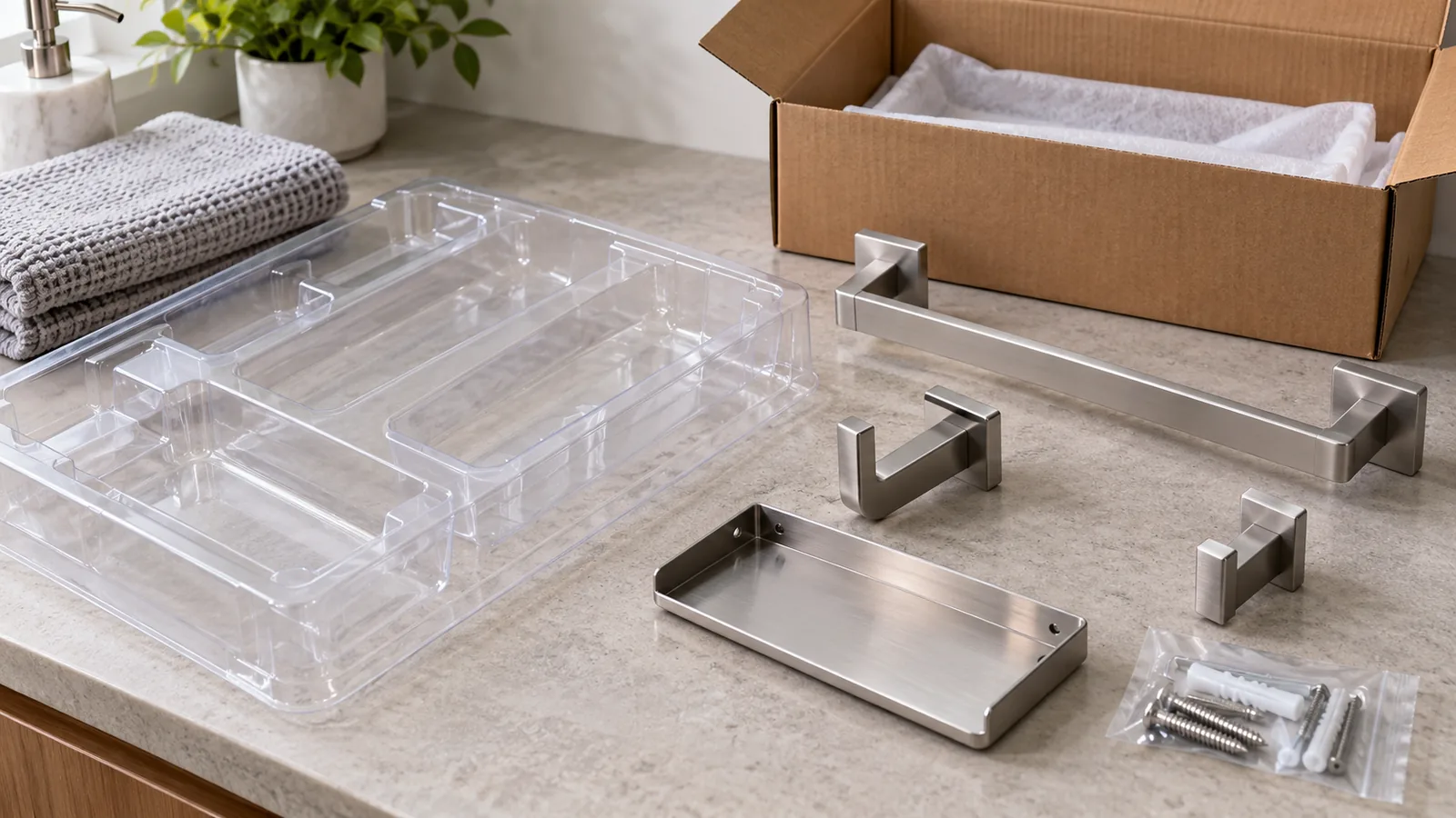 Clear thermoformed packaging insert with broad tapered pockets beside metal bathroom bracket samples and open carton