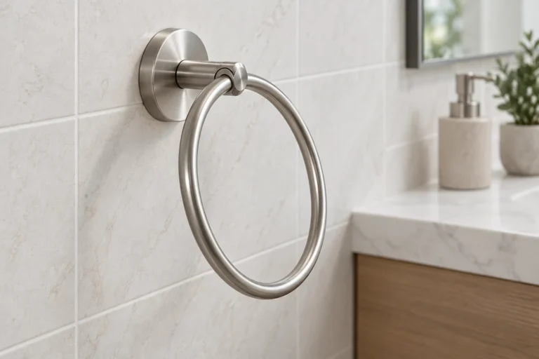 Generic wall-mounted towel ring with pivoting arm shown clear of a tiled wall