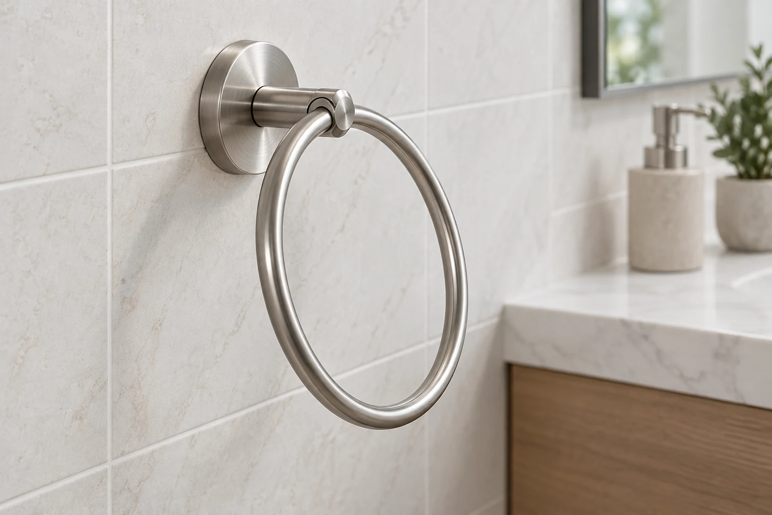 Generic wall-mounted towel ring with pivoting arm shown clear of a tiled wall