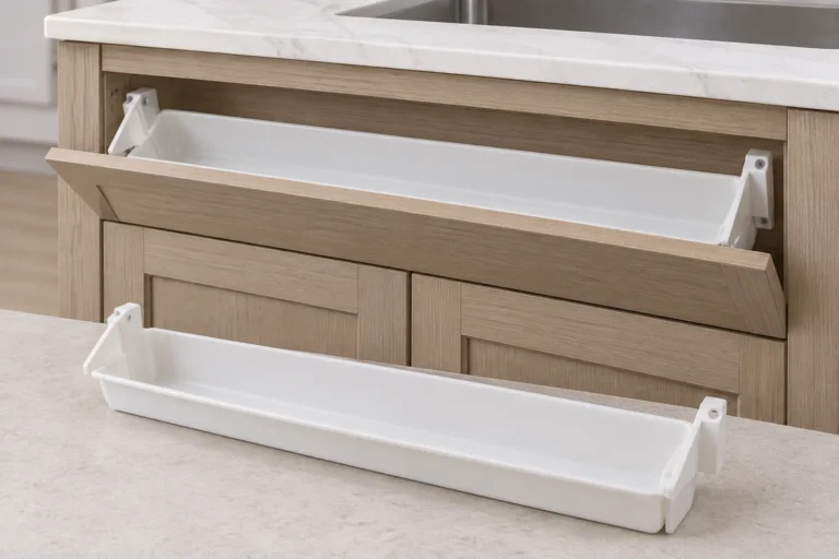 Removable sink-front tip-out tray shown open for cleaning-access and retention review.