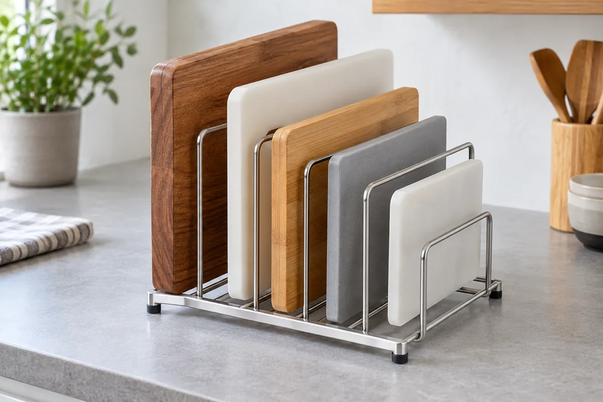 Metal cutting-board rack with boards of varied thicknesses for slot-width buyer review.
